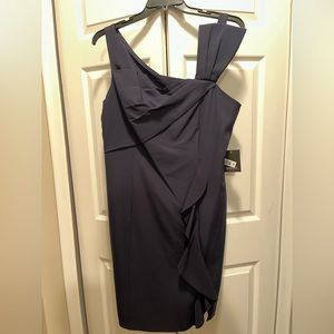 MARINA Asymmetrical Sheath Ruffle Dress. NEW with tags. Deep Navy Blue. Size 16.
